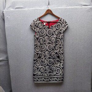 London Times Black & White Swirl Print Dress Size 8 Cap Sleeve Polyester/Spandex